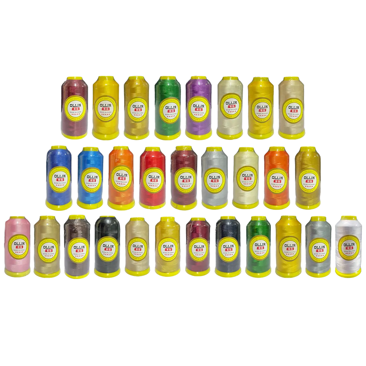 Grupo de bobinas o carretes de hilos de varios colores marca ollin para bordadoras industriales
